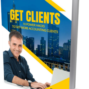 Book cover titled "Get Clients 10 Power Hacks To Get More Accounting Clients" by Jason Nellyer, with a background image of business buildings.