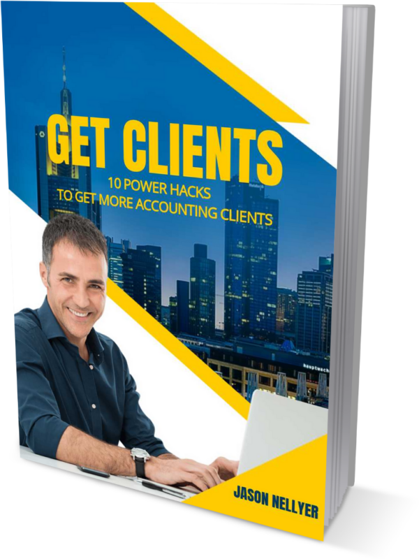 Book cover titled "Get Clients 10 Power Hacks To Get More Accounting Clients" by Jason Nellyer, with a background image of business buildings.