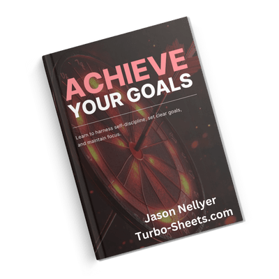 Left tilt book cover titled "Achieve Your Goals" by Jason Nellyer, with a background image of a bullseye on a dartboard.