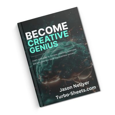 Left tilt book cover titled "Become A Creative Genius" by Jason Nellyer, with a background image of thinking brain.