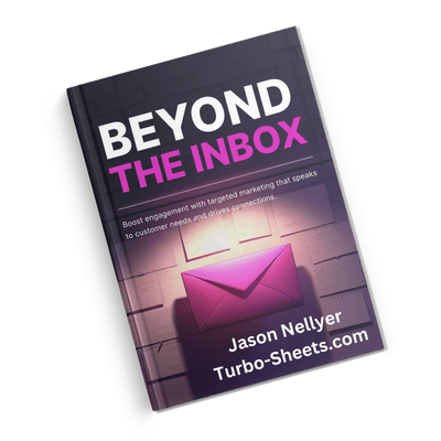 Left tilt book cover titled "Beyond The Inbox" by Jason Nellyer, with a background image of an envelope and post it notes.