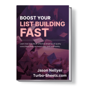 Book cover titled "Boost Your List Building Fast " by Jason Nellyer, with a background image of falling envelopes.