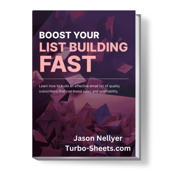 Book cover titled "Boost Your List Building Fast " by Jason Nellyer, with a background image of falling envelopes.