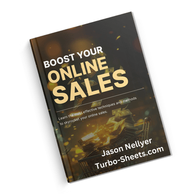 Left tilt book cover titled "Boost Your Online Sales" by Jason Nellyer, with a background image of a shopping cart of money.