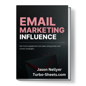 Book cover titled "Email Marketing Influence" by Jason Nellyer, with a background image of sparks on an envelope.