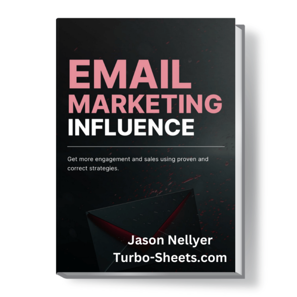 Book cover titled "Email Marketing Influence" by Jason Nellyer, with a background image of sparks on an envelope.