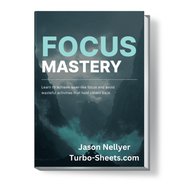 Book cover titled "Focus Mastery" by Jason Nellyer, with a background image of waves crashing on a rock.