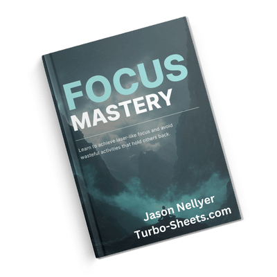 Left tilt book cover titled "Focus Mastery" by Jason Nellyer, with a background image of cliffs and water.