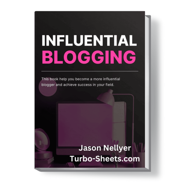 Book cover titled "Influential Blogging" by Jason Nellyer, with a background image of a desk in an office.