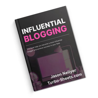 Left tilt book cover titled "Influential Blogging" by Jason Nellyer, with a background image of an organised desk.