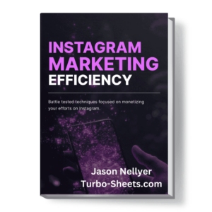Book cover titled "Instagram Marketing Efficiency" by Jason Nellyer, with a background image of a smartphone.