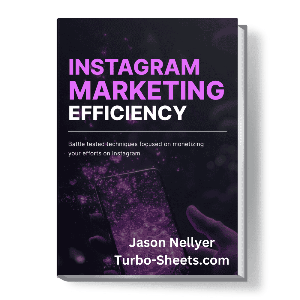 Book cover titled "Instagram Marketing Efficiency" by Jason Nellyer, with a background image of a smartphone.