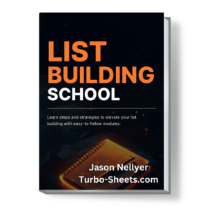 Book cover titled "List Building School" by Jason Nellyer, with a background image of a book and pen.