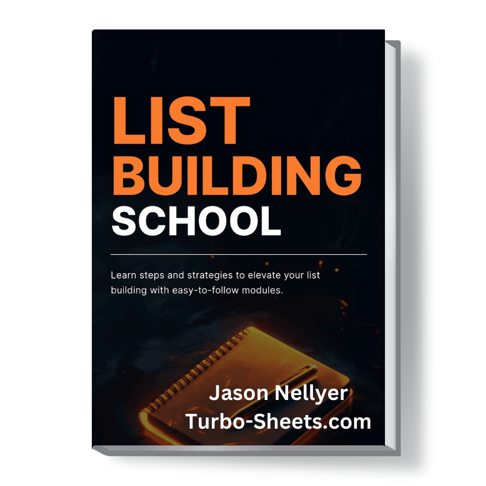Book cover titled "List Building School" by Jason Nellyer, with a background image of a book and pen.