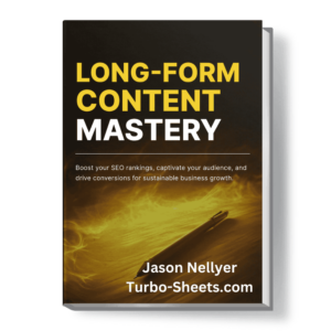 Book cover titled "Long Form Content Mastery" by Jason Nellyer, with a background image of a pen setting paper on fire.
