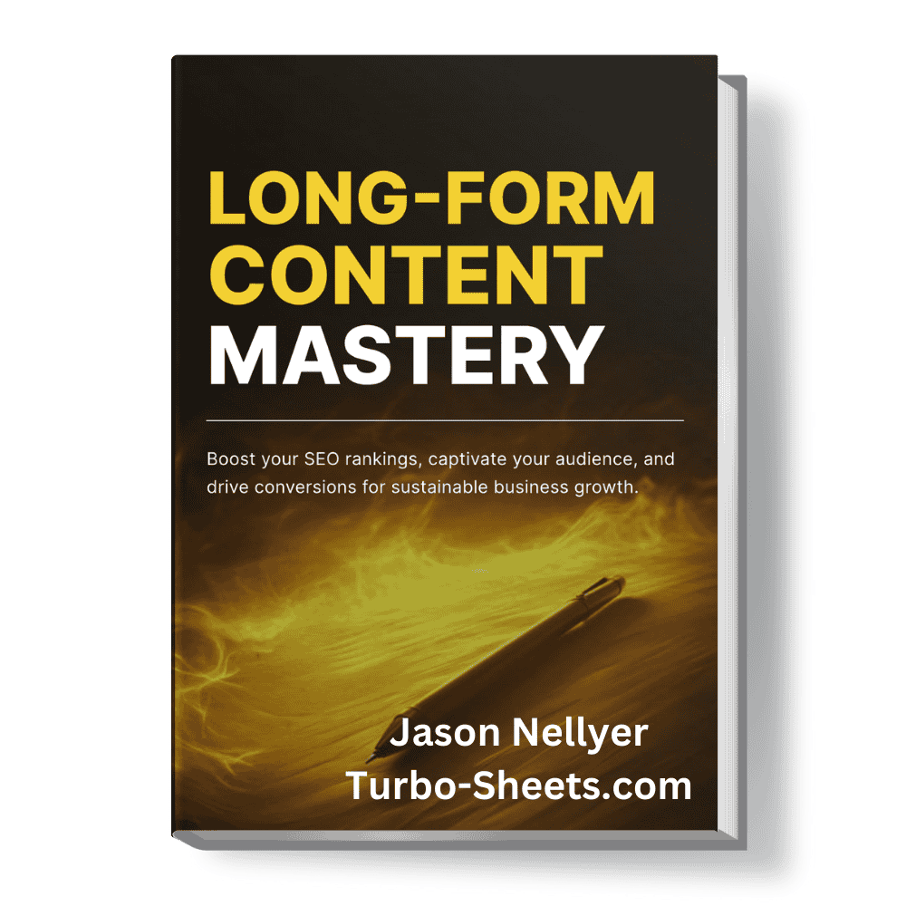 Book cover titled "Long Form Content Mastery" by Jason Nellyer, with a background image of a pen setting paper on fire.