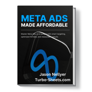 Book cover titled "Meta Ads Made Affordable" by Jason Nellyer, with a background image of the meta symbol.