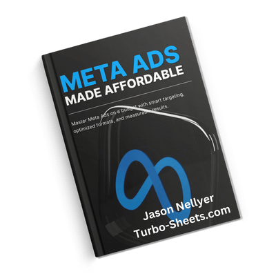 Left tilt book cover titled "Meta Ads Made Affordable" by Jason Nellyer, with a background image of the Meta logo.