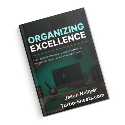 Left tilt book cover titled "Organizing Excellence" by Jason Nellyer, with a background image of an efficient office.