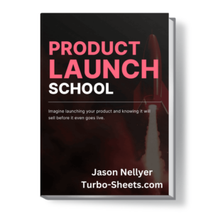 Book cover titled "Product Launch School" by Jason Nellyer, with a background image of a rocket launching.