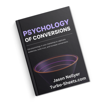 Left tilt book cover titled "Psychology Of Conversions" by Jason Nellyer, with a background image of a conversion funnel.