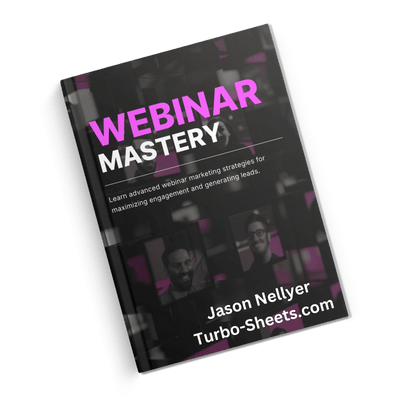 Left tilt book cover titled "Webinar Mastery" by Jason Nellyer, with a background image of people on a zoom call.