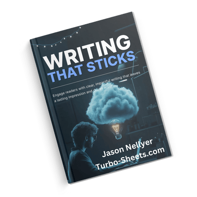 Left tilt book cover titled "Writing That Sticks" by Jason Nellyer, with a background image of a man thinking.