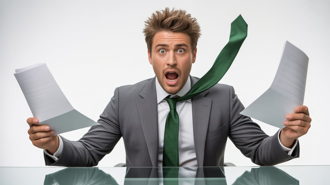 Person stressed and alarmed over bookkeeping tasks.